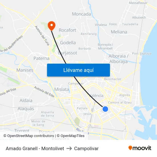 Amado Granell - Montolivet to Campolivar map