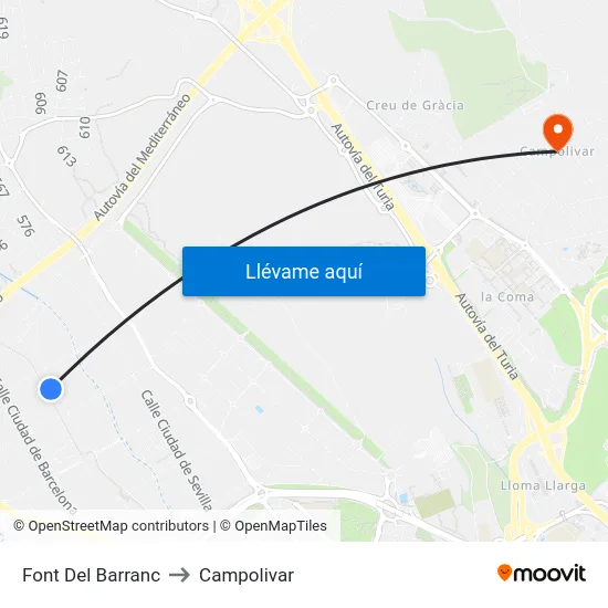 Font Del Barranc to Campolivar map