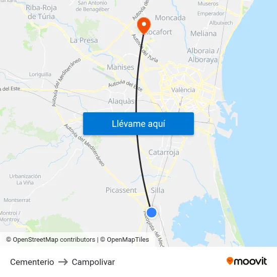 Cementerio to Campolivar map