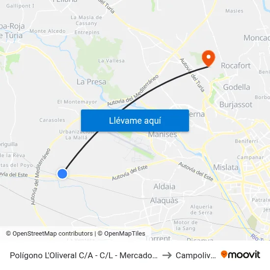 Polígono L'Oliveral C/A - C/L - Mercadona to Campolivar map