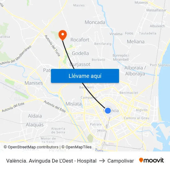 València. Avinguda De L'Oest - Hospital to Campolivar map