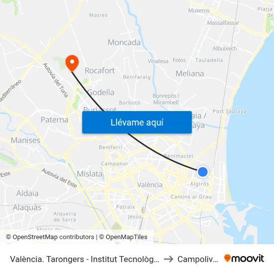 València. Tarongers - Institut Tecnològic to Campolivar map
