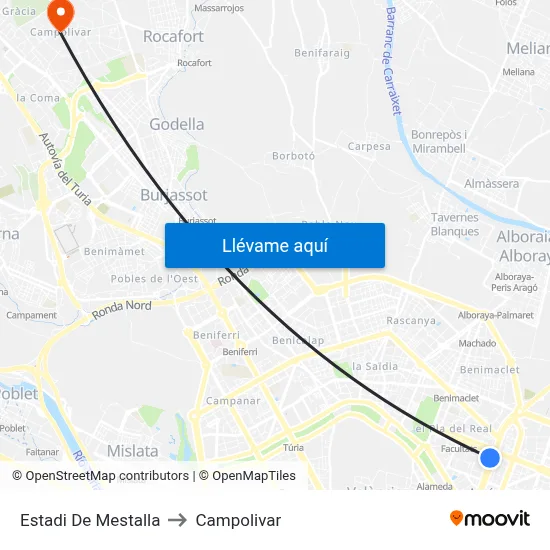 Estadi De Mestalla to Campolivar map