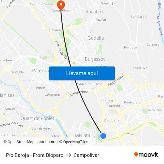 Pío Baroja - Front Bioparc to Campolivar map