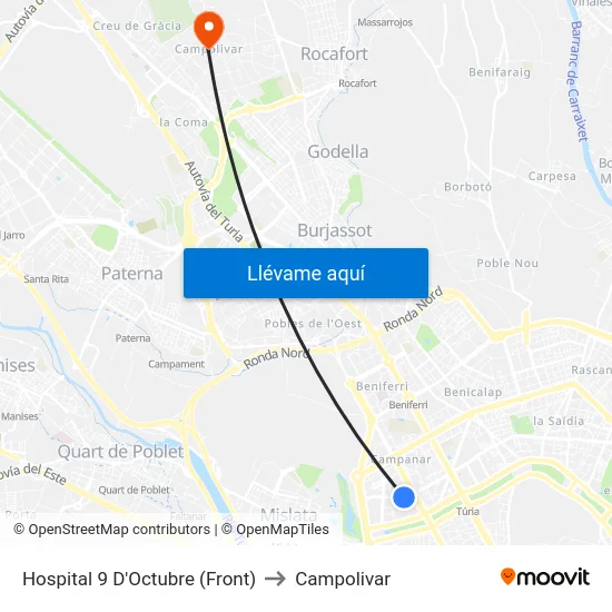 Hospital 9 D'Octubre (Front) to Campolivar map