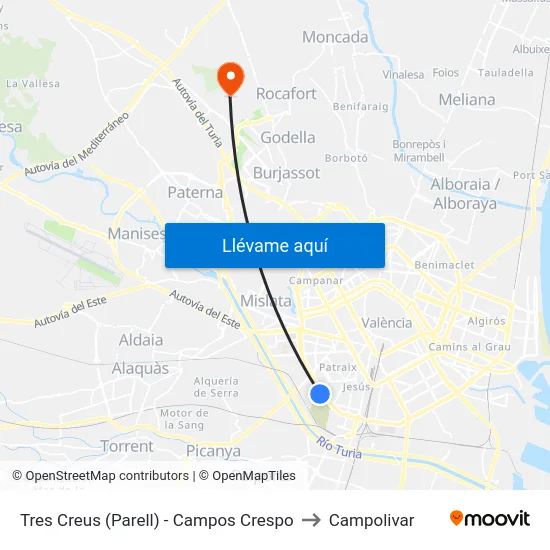 Tres Creus (Parell) - Campos Crespo to Campolivar map