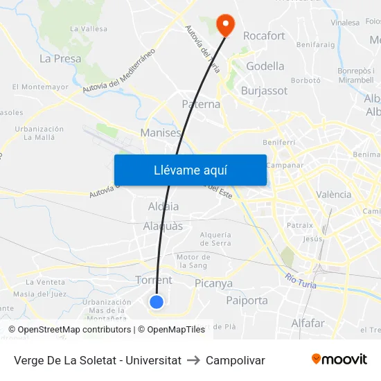 Verge De La Soletat - Universitat to Campolivar map