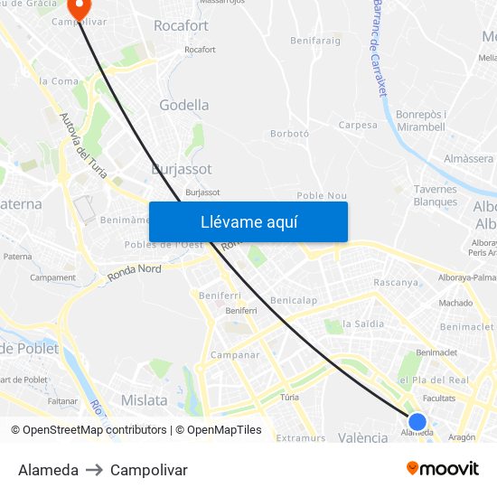 Alameda to Campolivar map