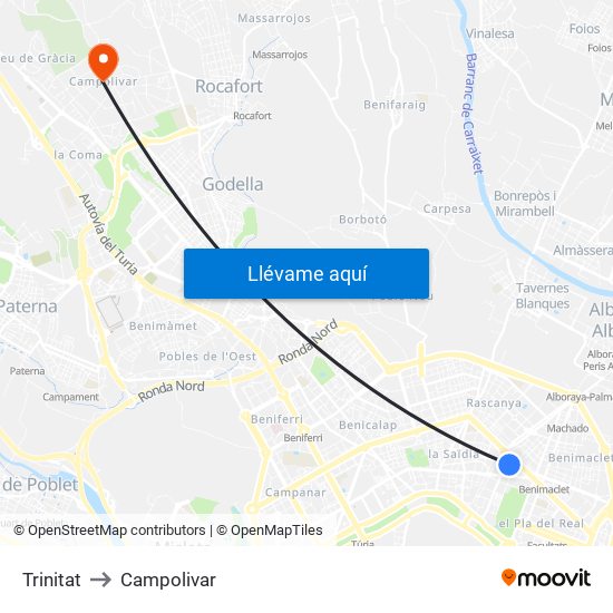Trinitat to Campolivar map