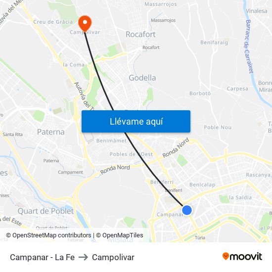 Campanar - La Fe to Campolivar map