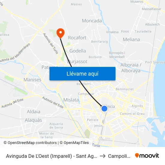 Avinguda De L'Oest (Imparell) - Sant Agustí to Campolivar map