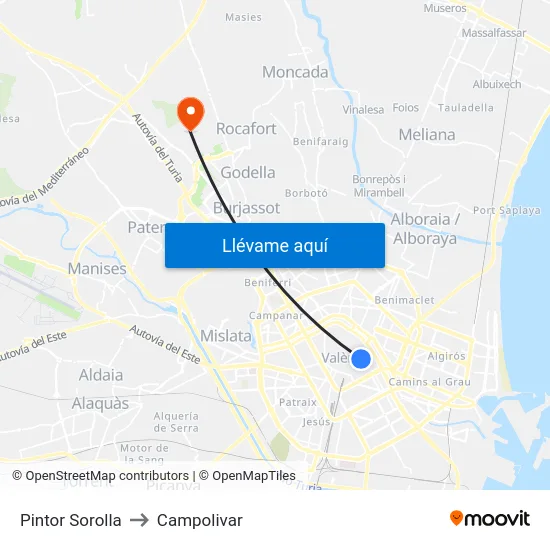 Pintor Sorolla to Campolivar map