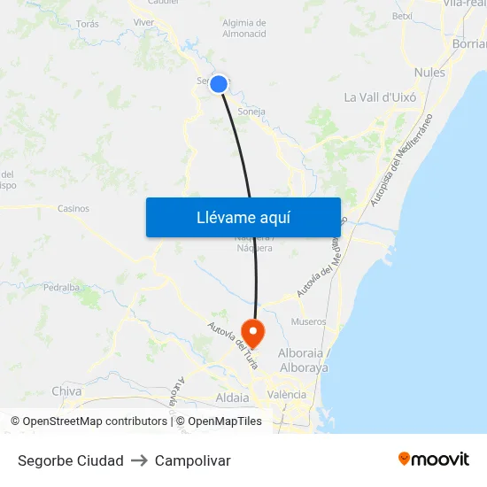 Segorbe Ciudad to Campolivar map