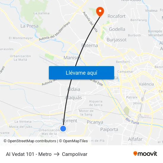 Torrent. Al Vedat 101 (Metro) to Campolivar map