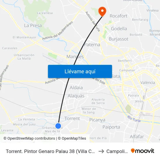 Torrent. Pintor Genaro Palau 38 (Villa Carmen) to Campolivar map