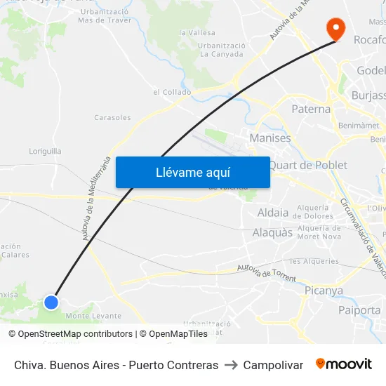 Chiva. Buenos Aires - Puerto Contreras to Campolivar map