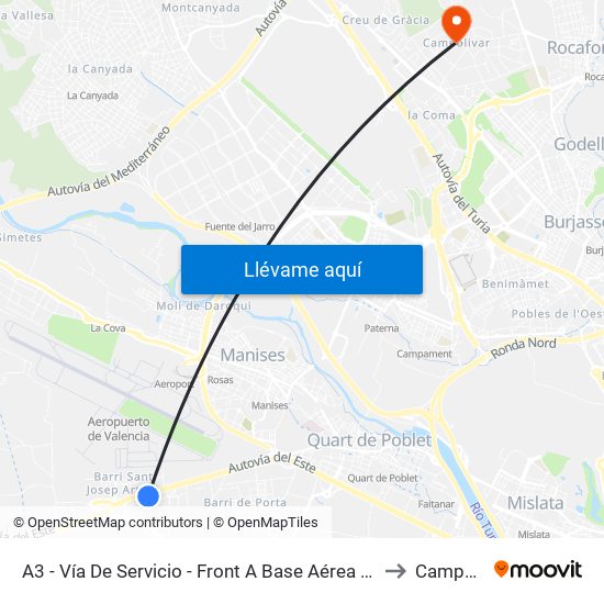 A3 - Vía De Servicio - Front A Base Aérea [Quart De Poblet] to Campolivar map