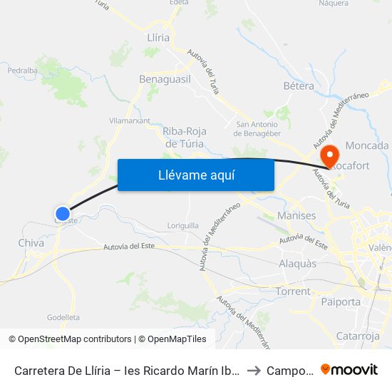 Carretera De Llíria – Ies Ricardo Marín Ibáñez [Cheste] to Campolivar map