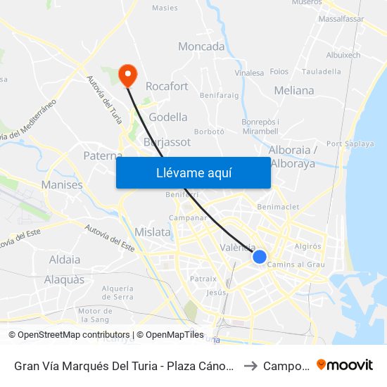 Gran Vía Marqués Del Turia - Plaza Cánovas  [València] to Campolivar map