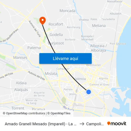 Amado Granell Mesado (Imparell) - La Plata to Campolivar map