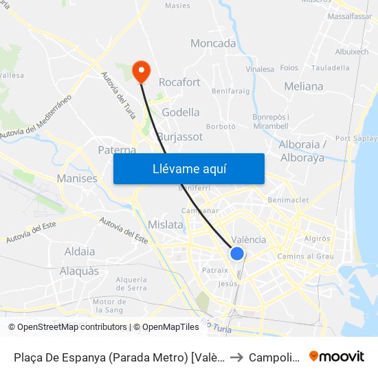Plaça De Espanya (Parada Metro) [València] to Campolivar map