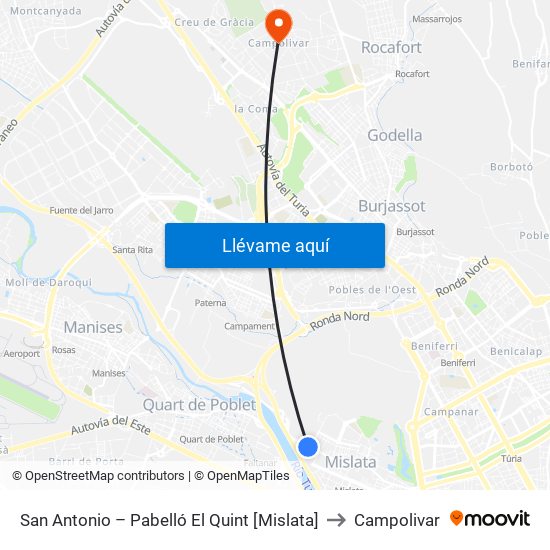 San Antonio – Pabelló El Quint [Mislata] to Campolivar map