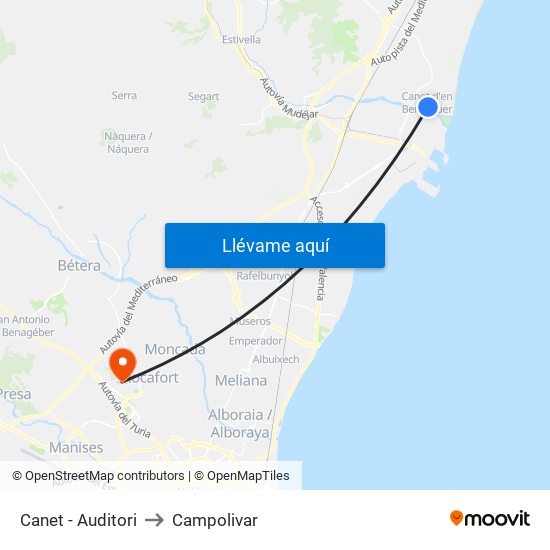 Canet - Auditori to Campolivar map