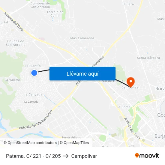 Paterna. C/ 221 - C/ 205 to Campolivar map