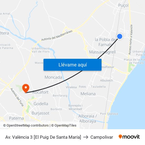 Av. València 3 [El Puig De Santa María] to Campolivar map
