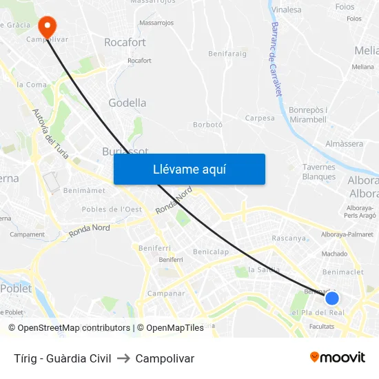 Tírig - Guàrdia Civil to Campolivar map