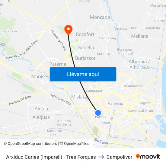 Arxiduc Carles (Imparell) - Tres Forques to Campolivar map