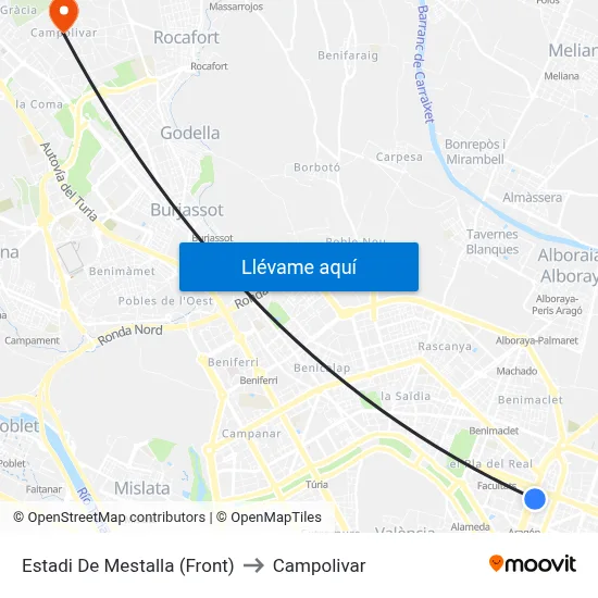 Estadi De Mestalla (Front) to Campolivar map