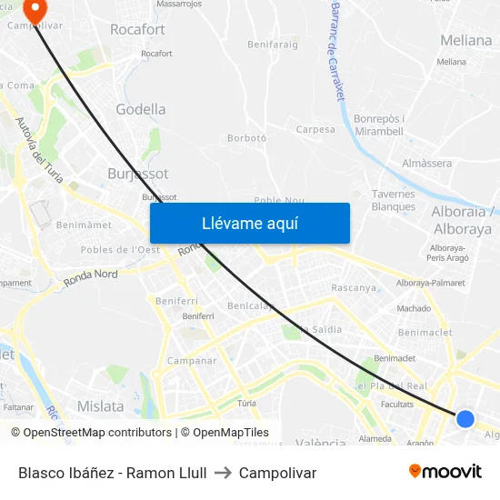 Blasco Ibáñez - Ramon Llull to Campolivar map