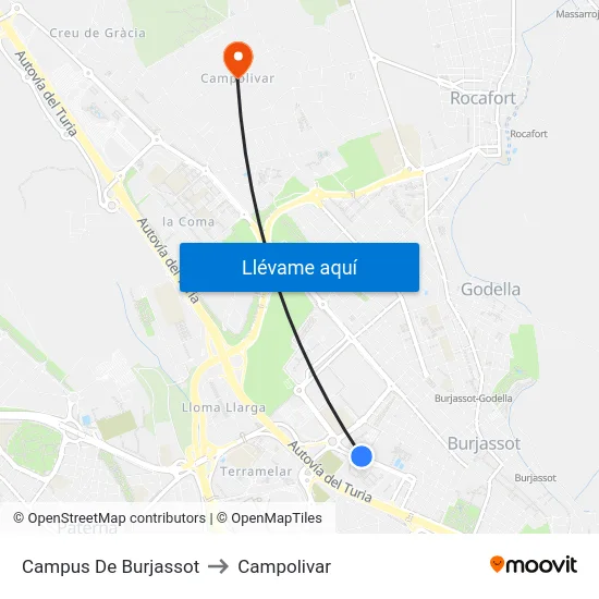 Campus De Burjassot to Campolivar map