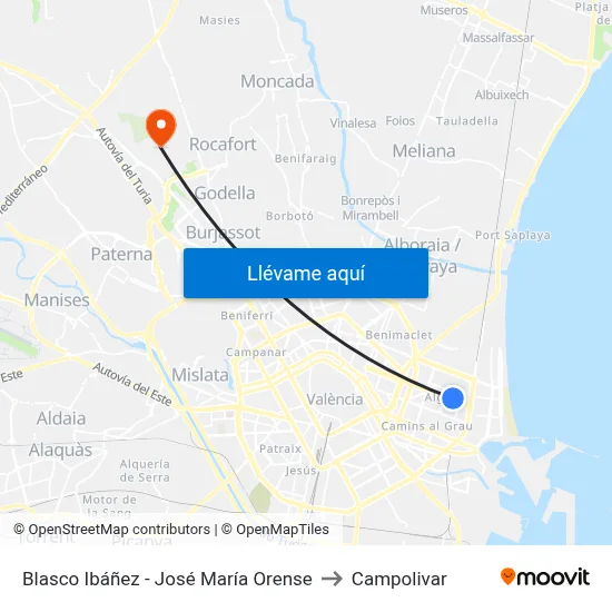 Blasco Ibáñez - José María Orense to Campolivar map
