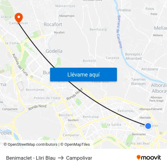 Benimaclet - Lliri Blau to Campolivar map