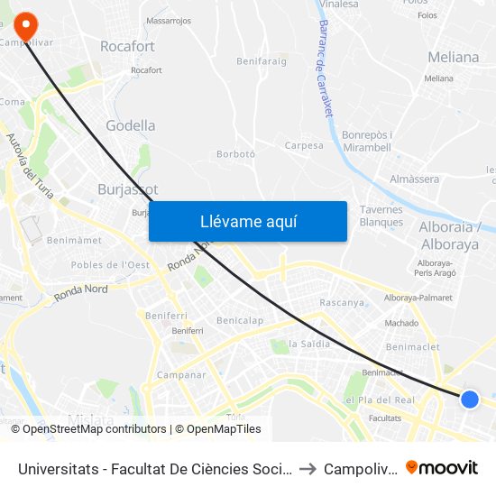 Universitats - Facultat De Ciències Socials to Campolivar map