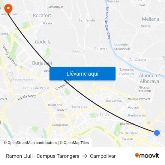 Ramon Llull - Campus Tarongers to Campolivar map