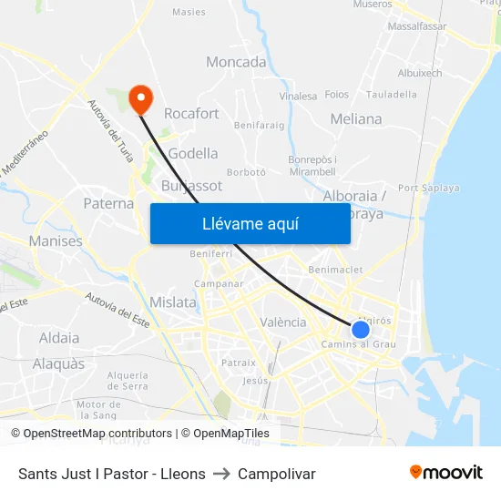 Sants Just I Pastor - Lleons to Campolivar map