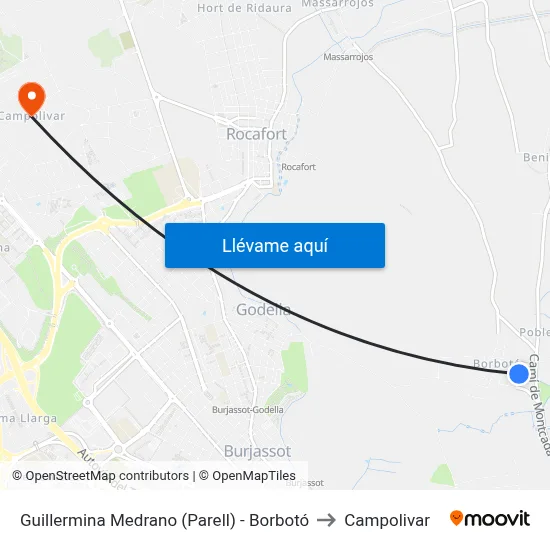 Guillermina Medrano (Parell) - Borbotó to Campolivar map