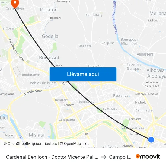 Cardenal Benlloch - Doctor Vicente Pallarés to Campolivar map
