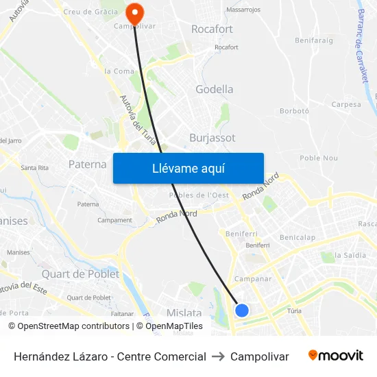 Hernández Lázaro - Centre Comercial to Campolivar map