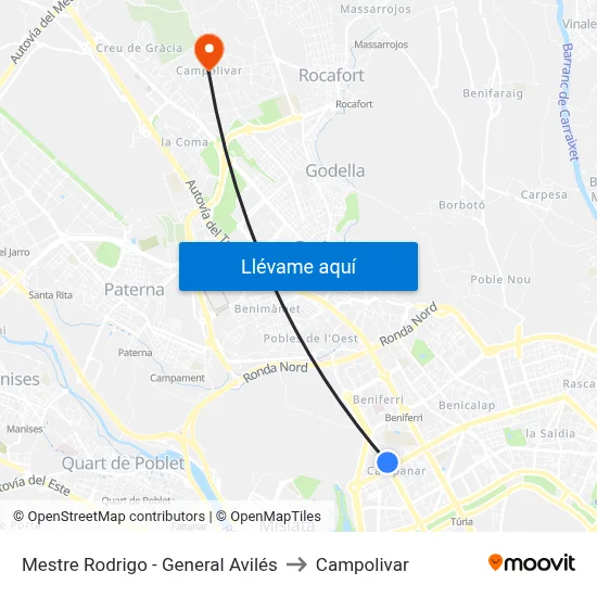 Mestre Rodrigo - General Avilés to Campolivar map