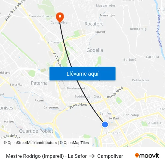 Mestre Rodrigo (Imparell) - La Safor to Campolivar map