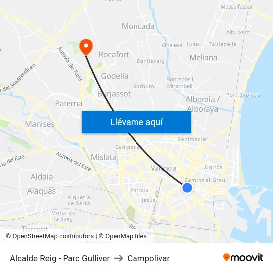 Alcalde Reig - Parc Gulliver to Campolivar map