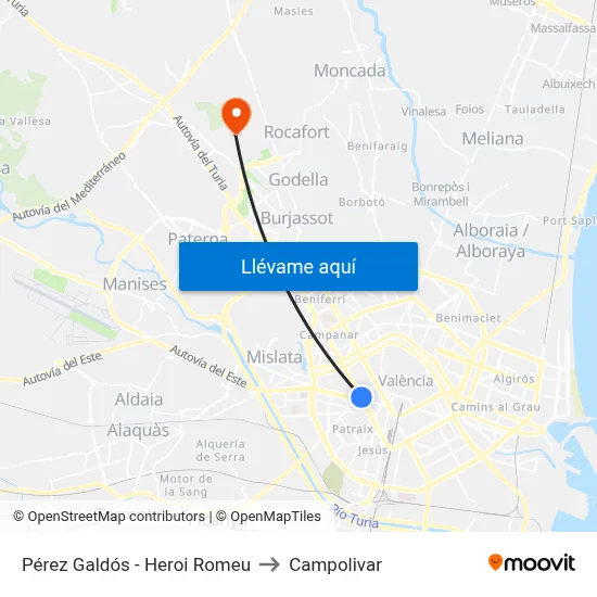 Pérez Galdós - Heroi Romeu to Campolivar map