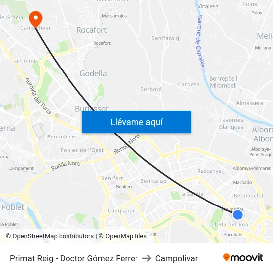 Primat Reig - Doctor Gómez Ferrer to Campolivar map