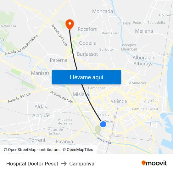 Hospital Doctor Peset to Campolivar map