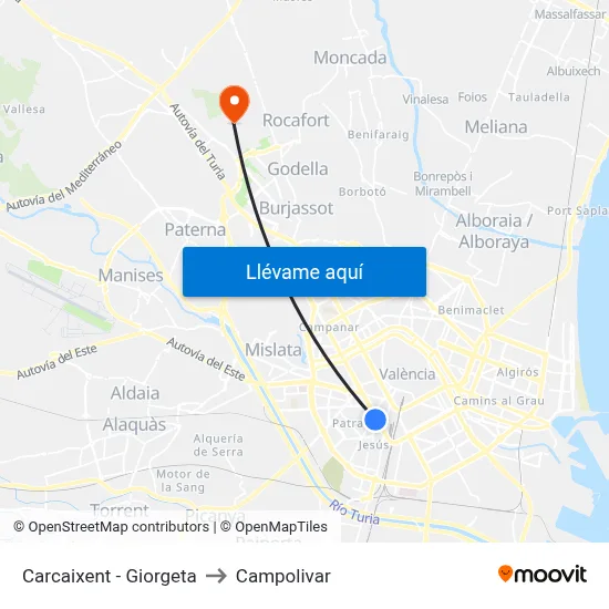 Carcaixent - Giorgeta to Campolivar map