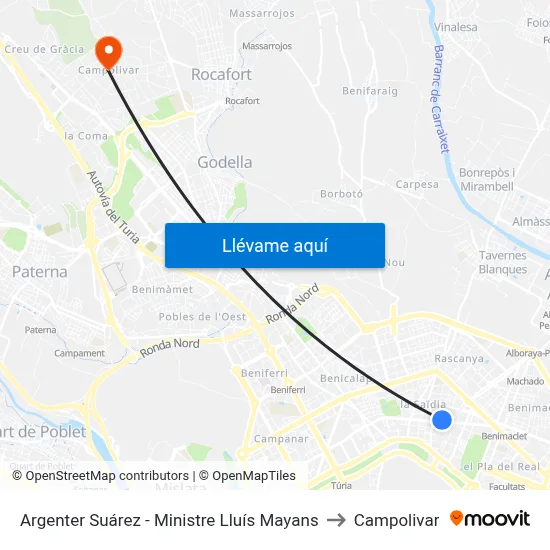 Argenter Suárez - Ministre Lluís Mayans to Campolivar map